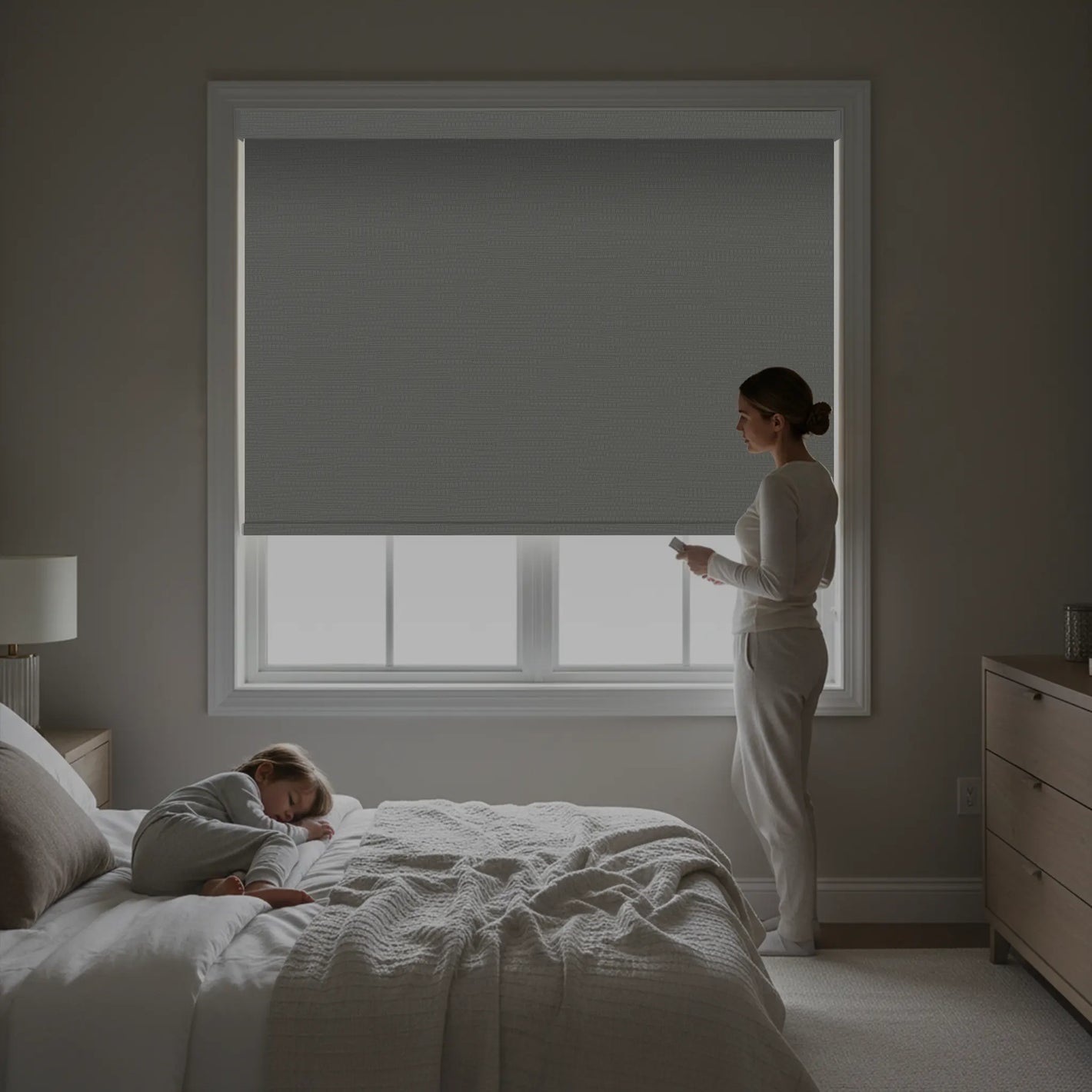 Nursery with safe cordless motorized blackout shades for naps