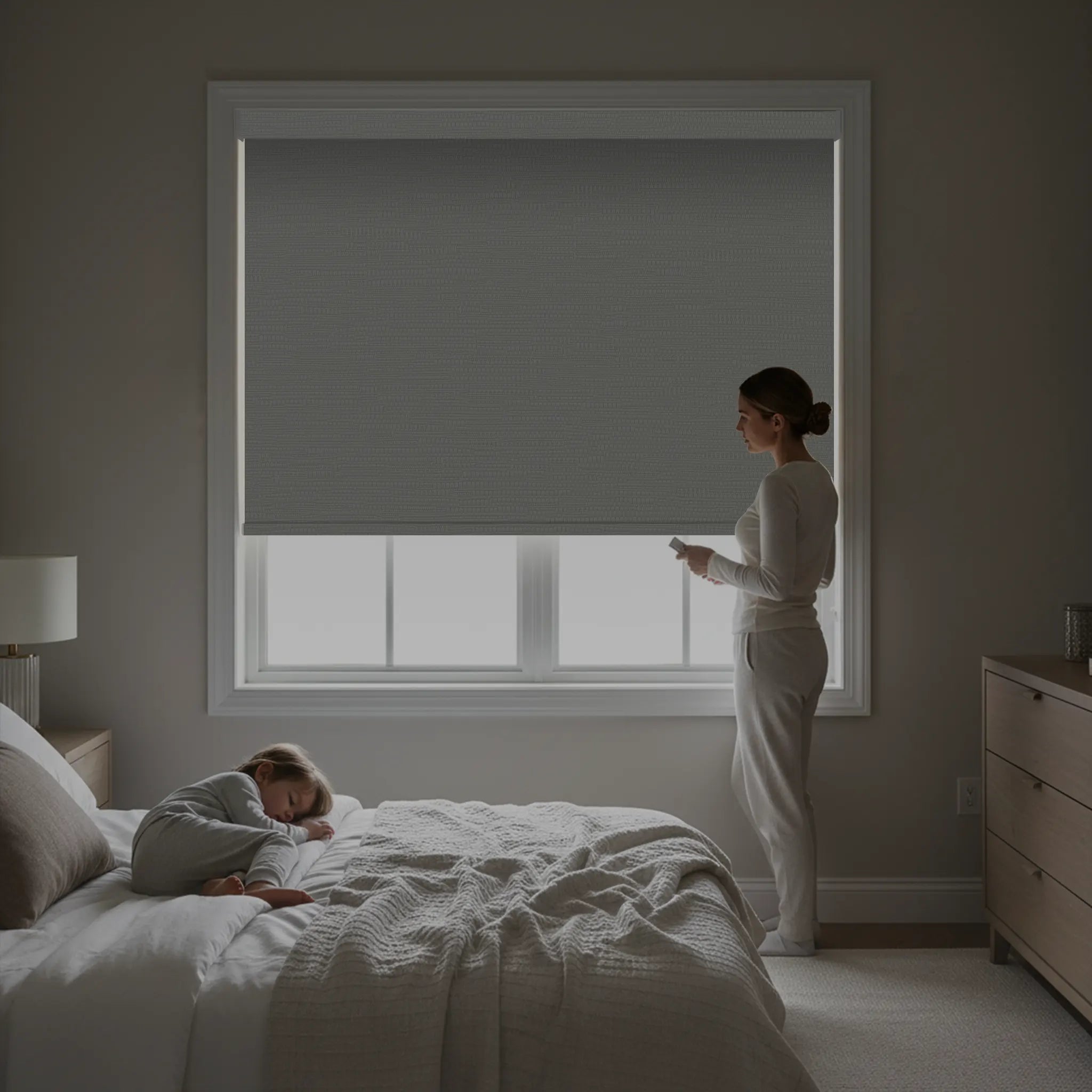 Nursery with safe cordless motorized blackout shades for naps