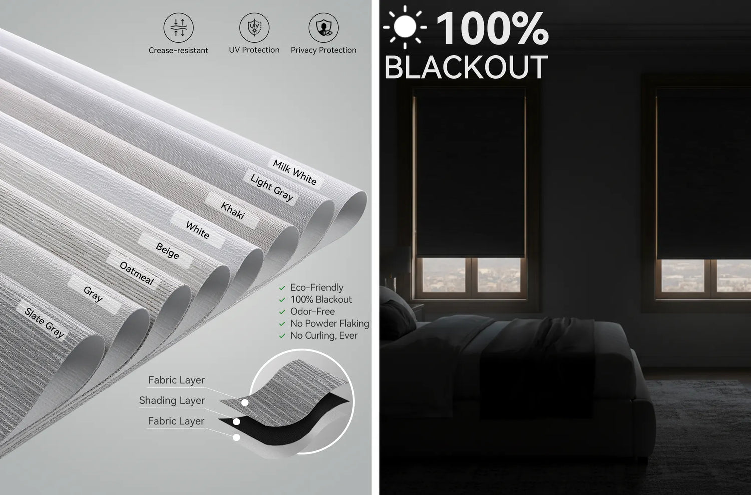 Color palette for Kurlax roller shades including Oatmeal, Beige, Khaki, and Gray.