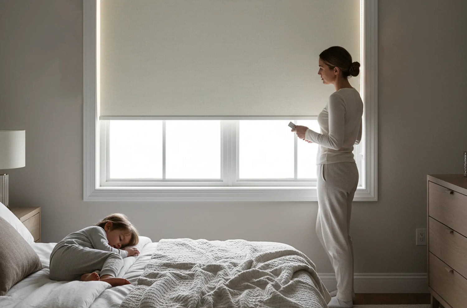 Child-safe cordless blackout roller shades in a quiet nursery, featuring ultra-quiet motorized operation under 48dB for undisturbed sleep.