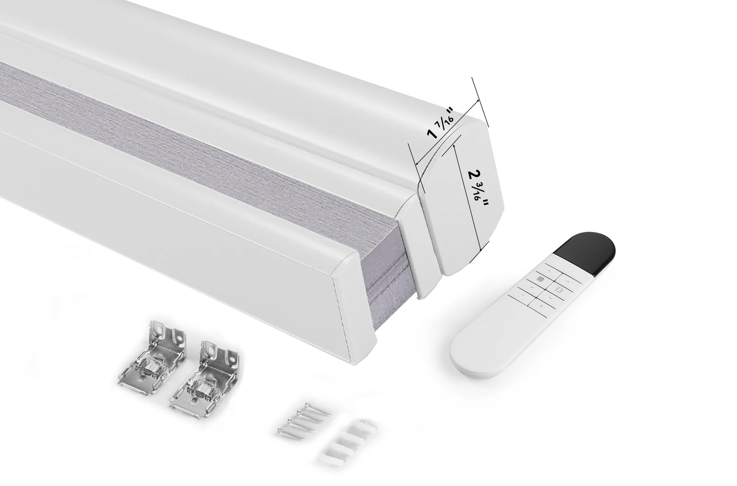A photo showing all items included in the box: custom shade unit, brackets, 1-channel remote, 118" USB-C charger.