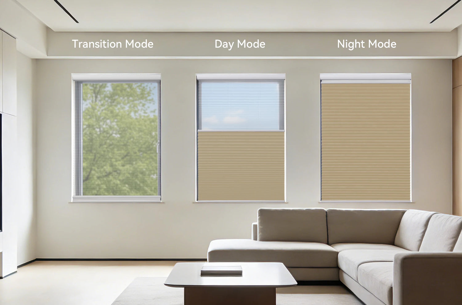 Day and night cellular shades showing light filtering mode and full blackout mode in different room settings