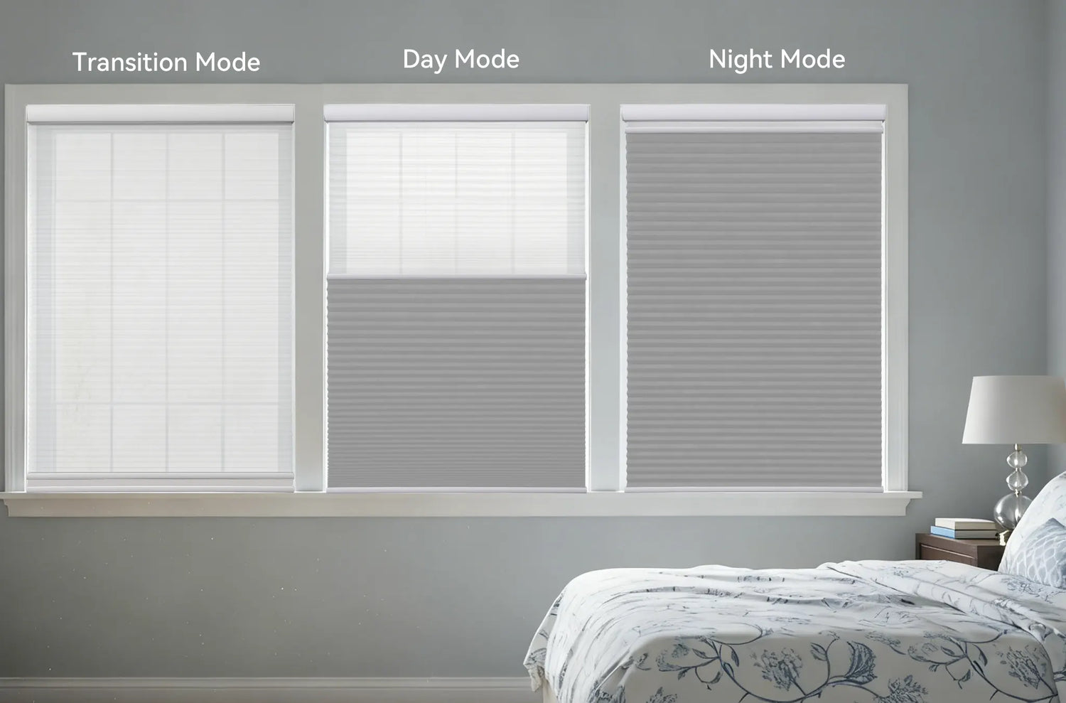 Day mode, night mode, and transition mode of motorized day and night honeycomb shades