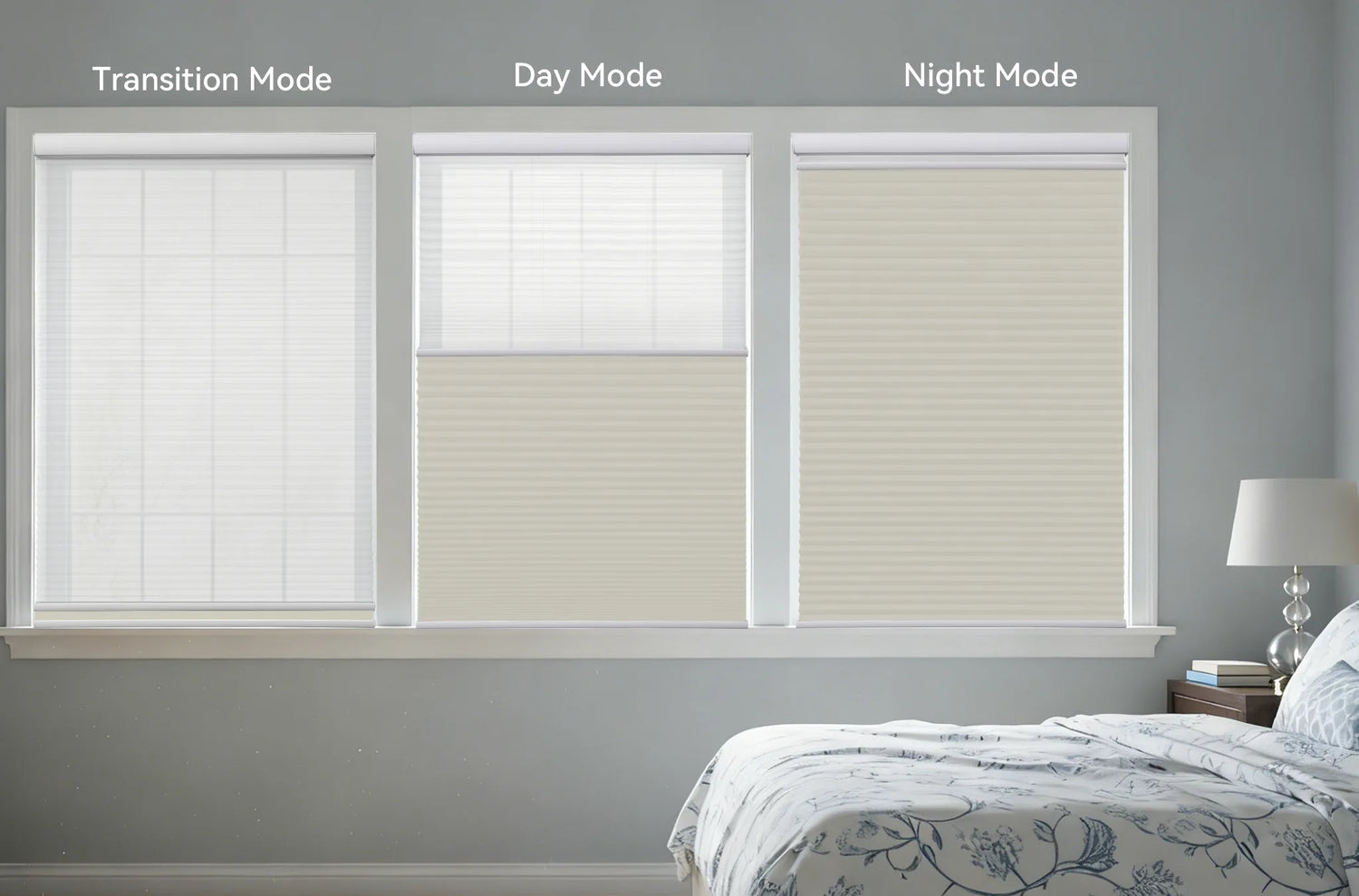 Two images side-by-side, one showing light filtering (Day mode) and the other showing blackout (Night mode) for the shades.