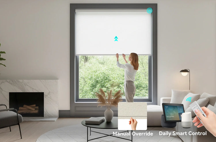 A person manually adjusting a motorized roller shade, highlighting the Zigbee spring system.