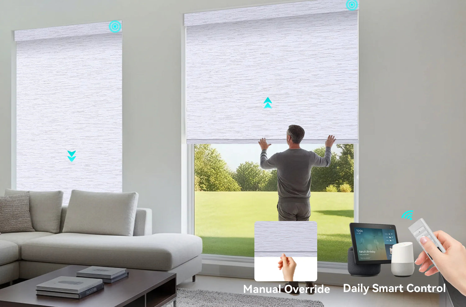 A hand gently raising a Kurlax roller shade manually, with a remote control visible in the background, illustrating the dual control feature.