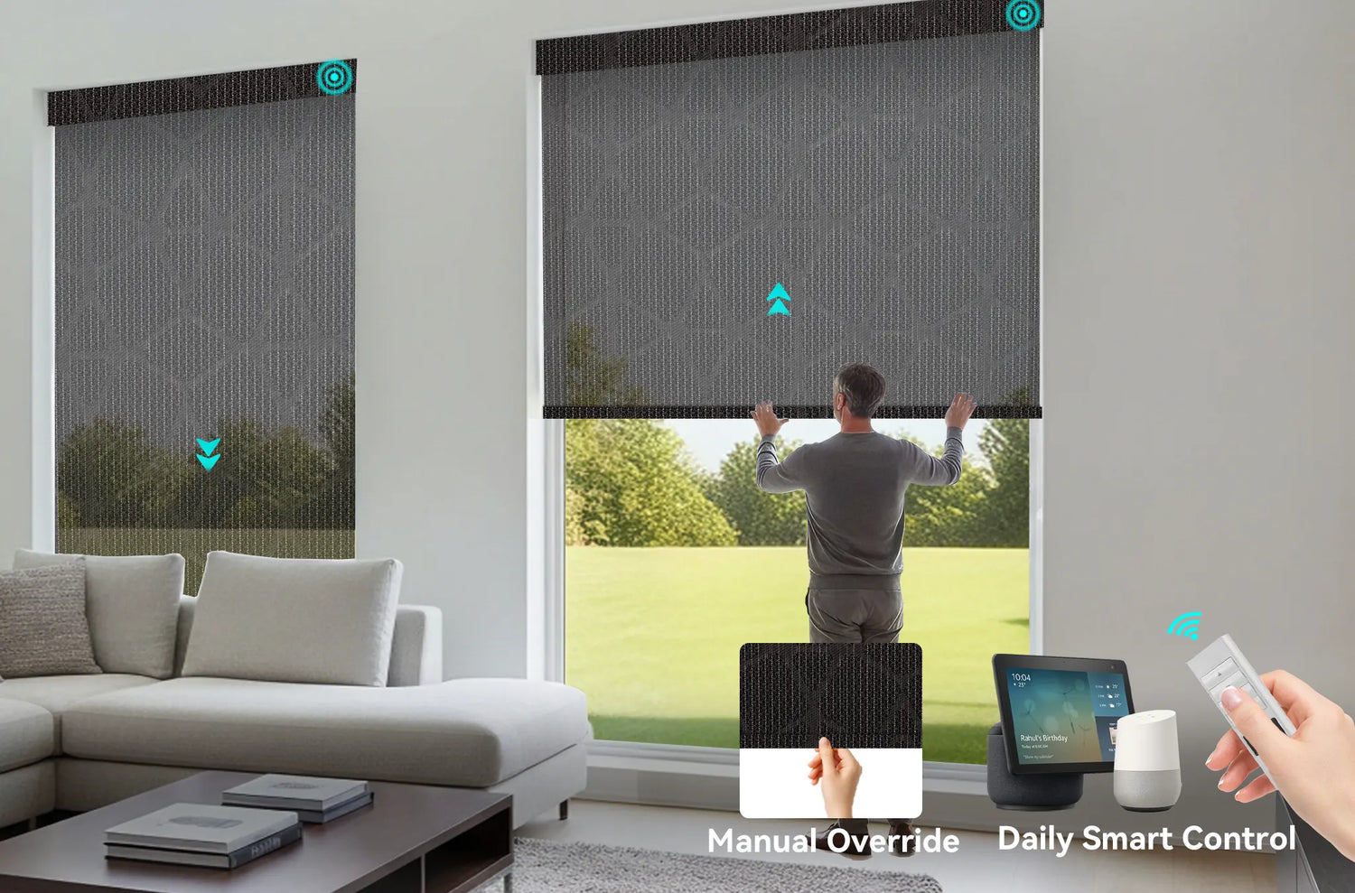 Illustration of a user manually pulling a Kurlax shade down while another image shows a finger pressing a remote control button.