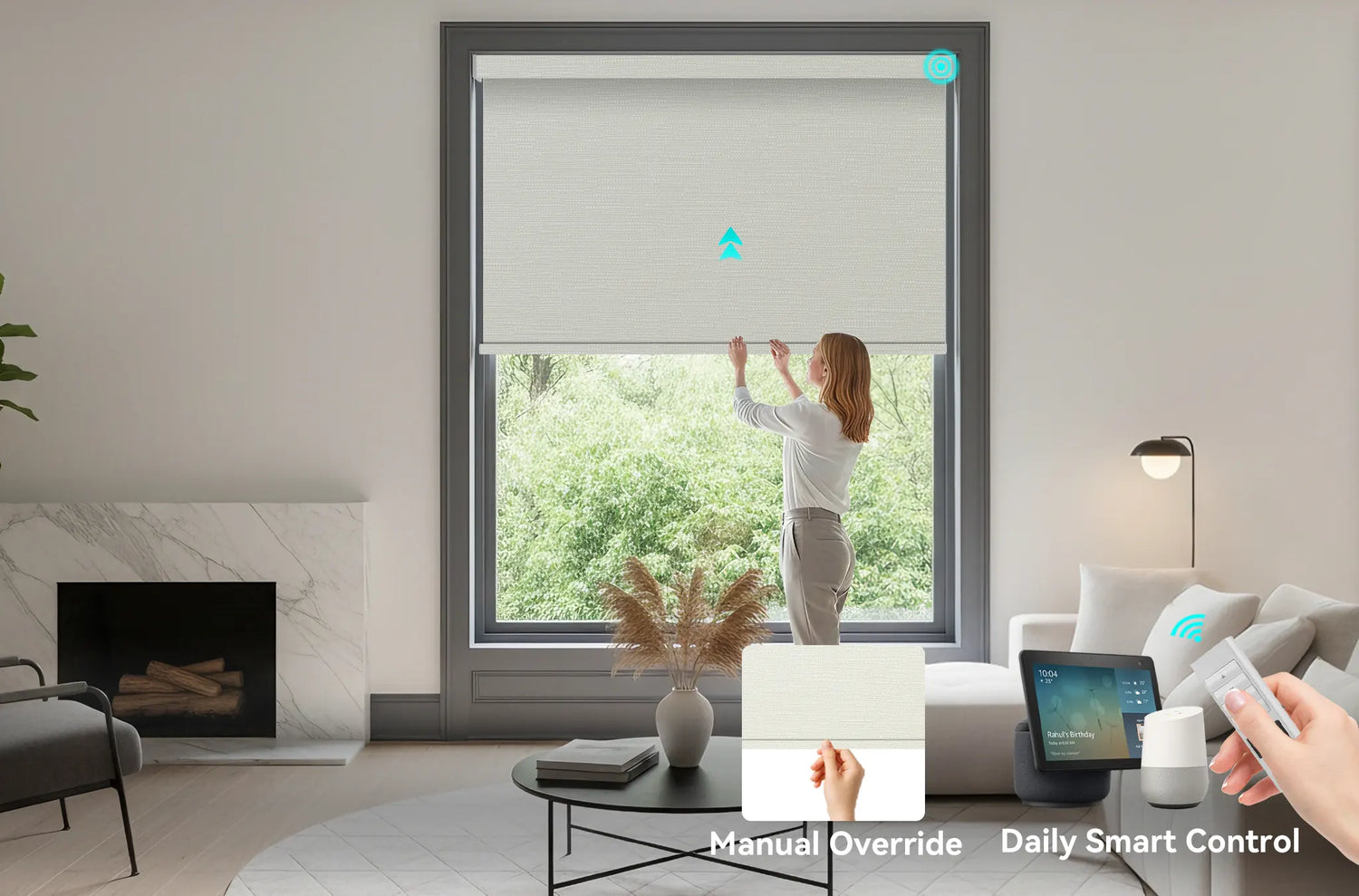 A person manually adjusting a motorized roller shade, demonstrating the hybrid spring system.