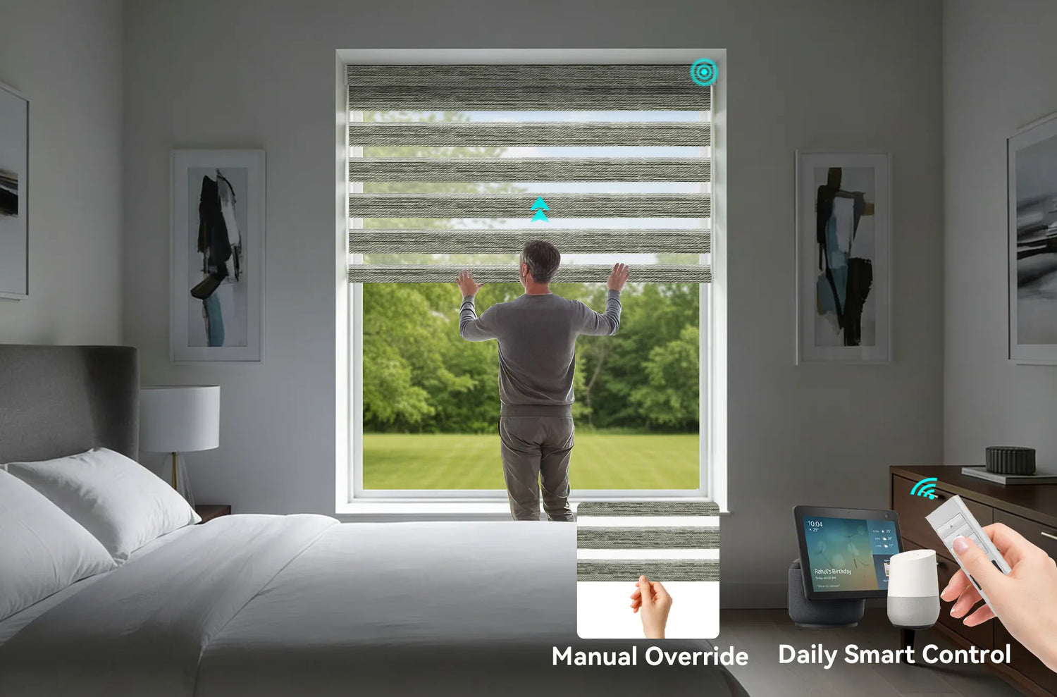 A person manually adjusting a Kurlax Zigbee motorized zebra shade, demonstrating the hybrid control system.