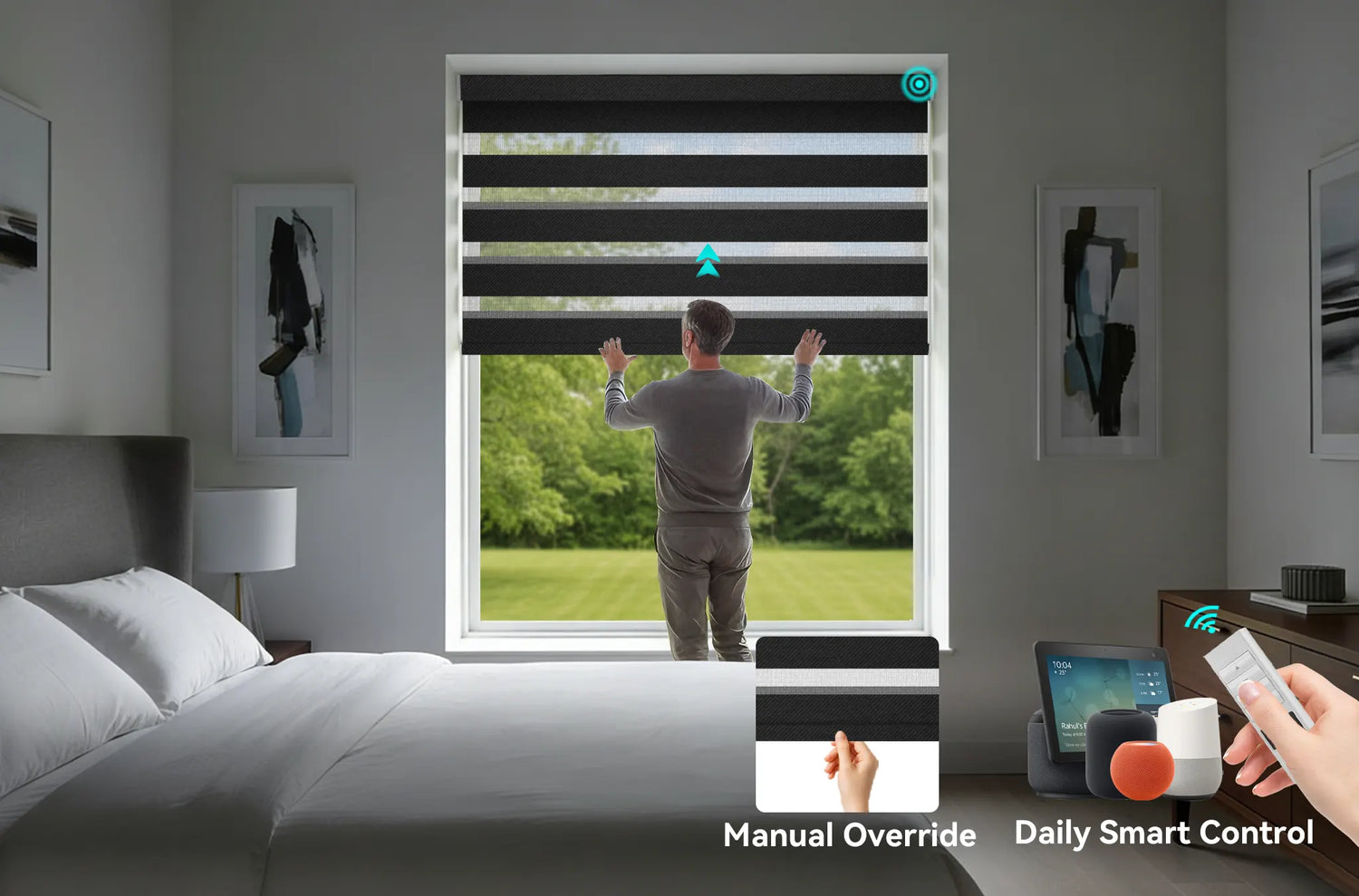 A person manually adjusting a Kurlax motorized zebra shade, demonstrating the dual-control hybrid system.