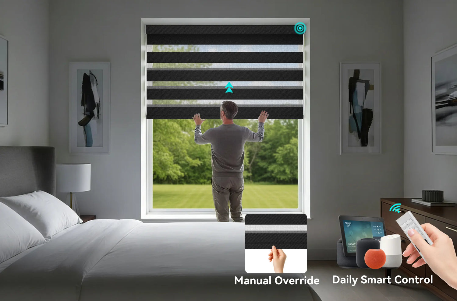 A person manually adjusting a Kurlax motorized zebra shade, demonstrating the dual-control spring system.