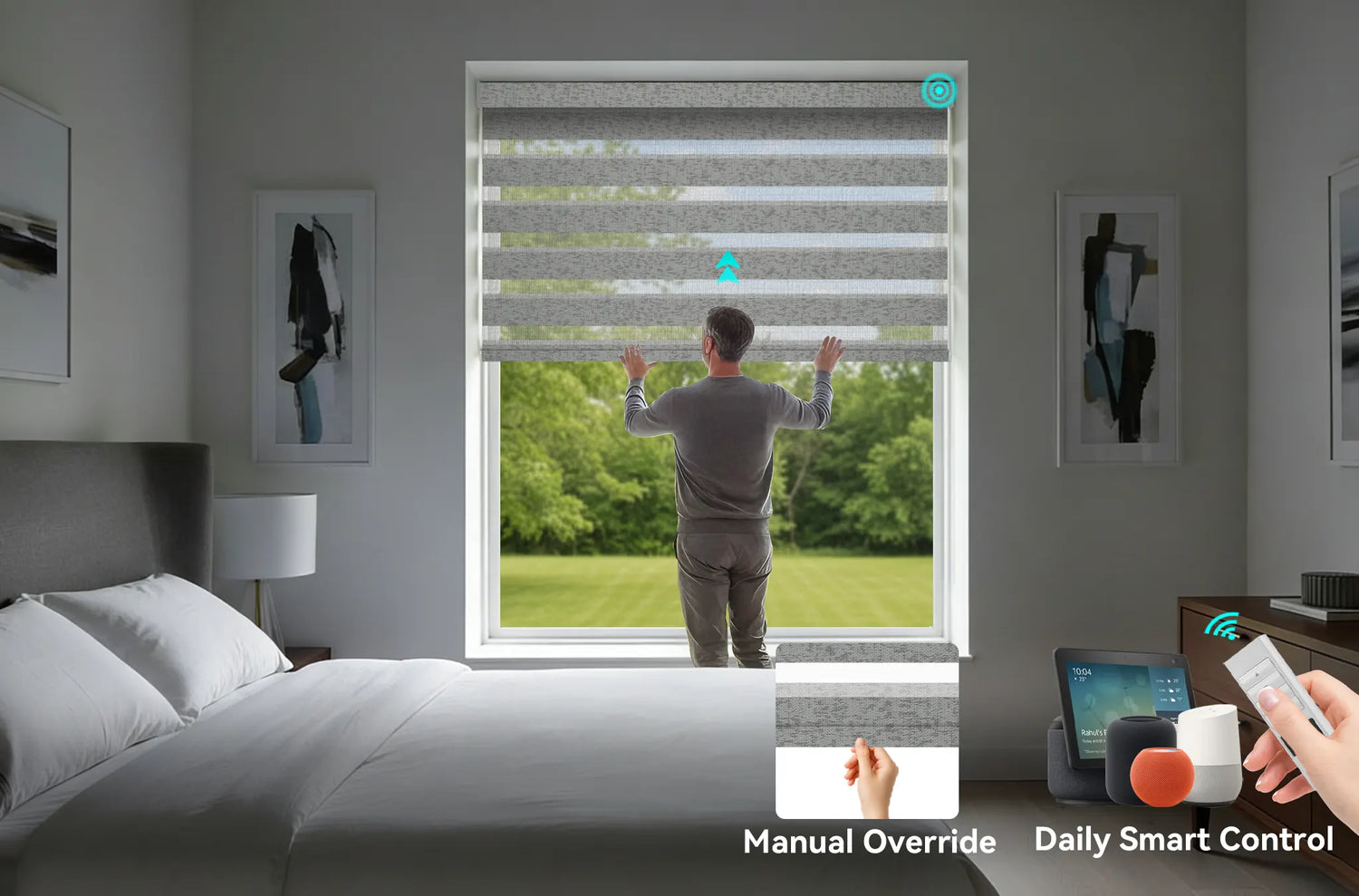 A person manually adjusting a motorized Zigbee zebra shade, showing dual control functionality.