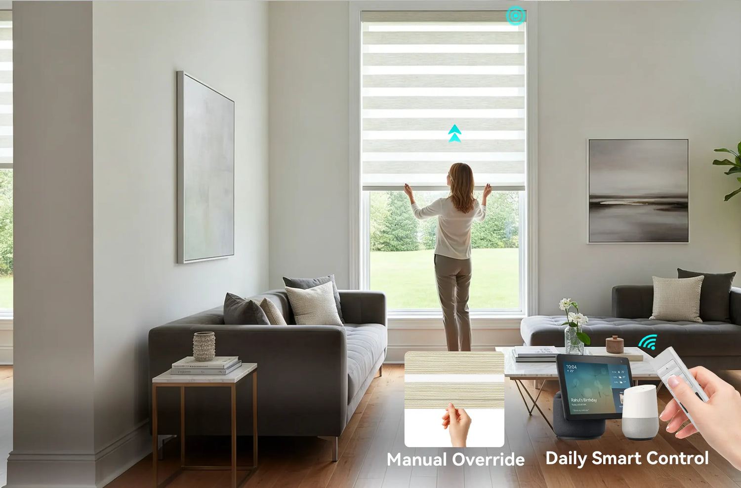 A person manually adjusting a motorized zebra shade, demonstrating the Kurlax dual-control Zigbee system.