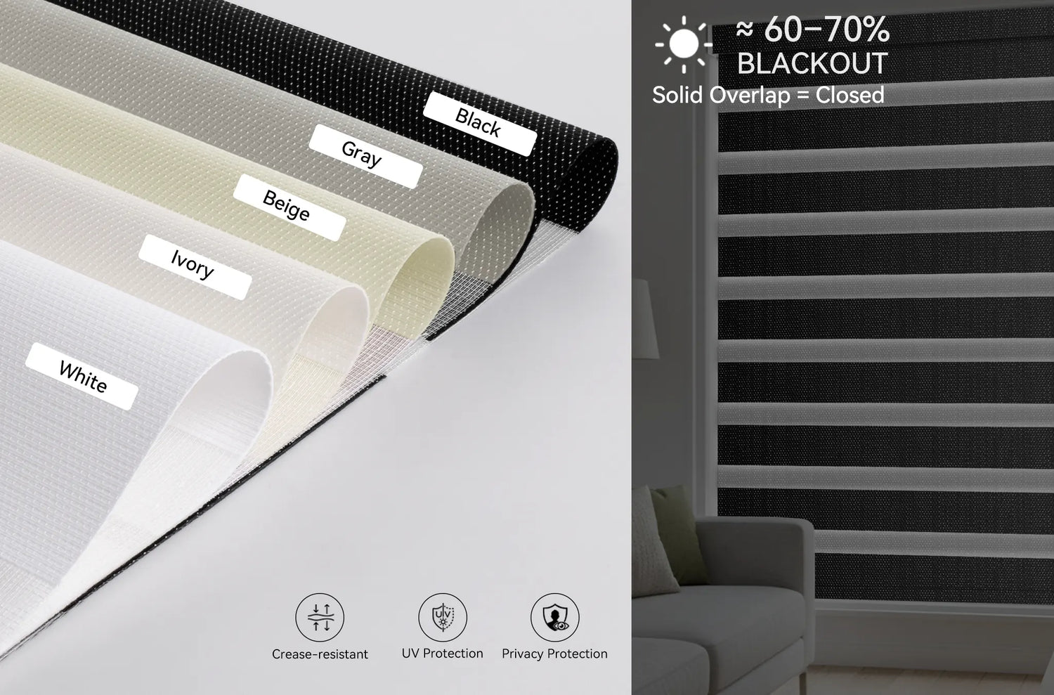 All available color options for Kurlax Enigma Weave motorized zebra shades including White, Ivory, Beige, Gray, and Black.