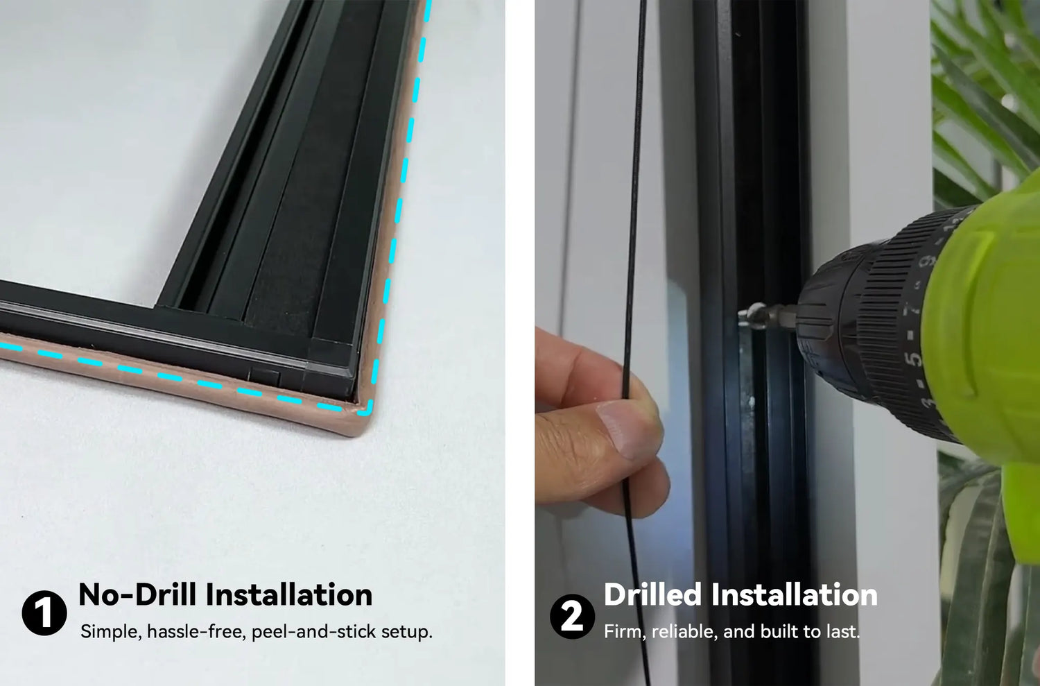 Side-by-side comparison of Kurlax no-drill adhesive mounting and traditional screw-in installation for cellular shades.