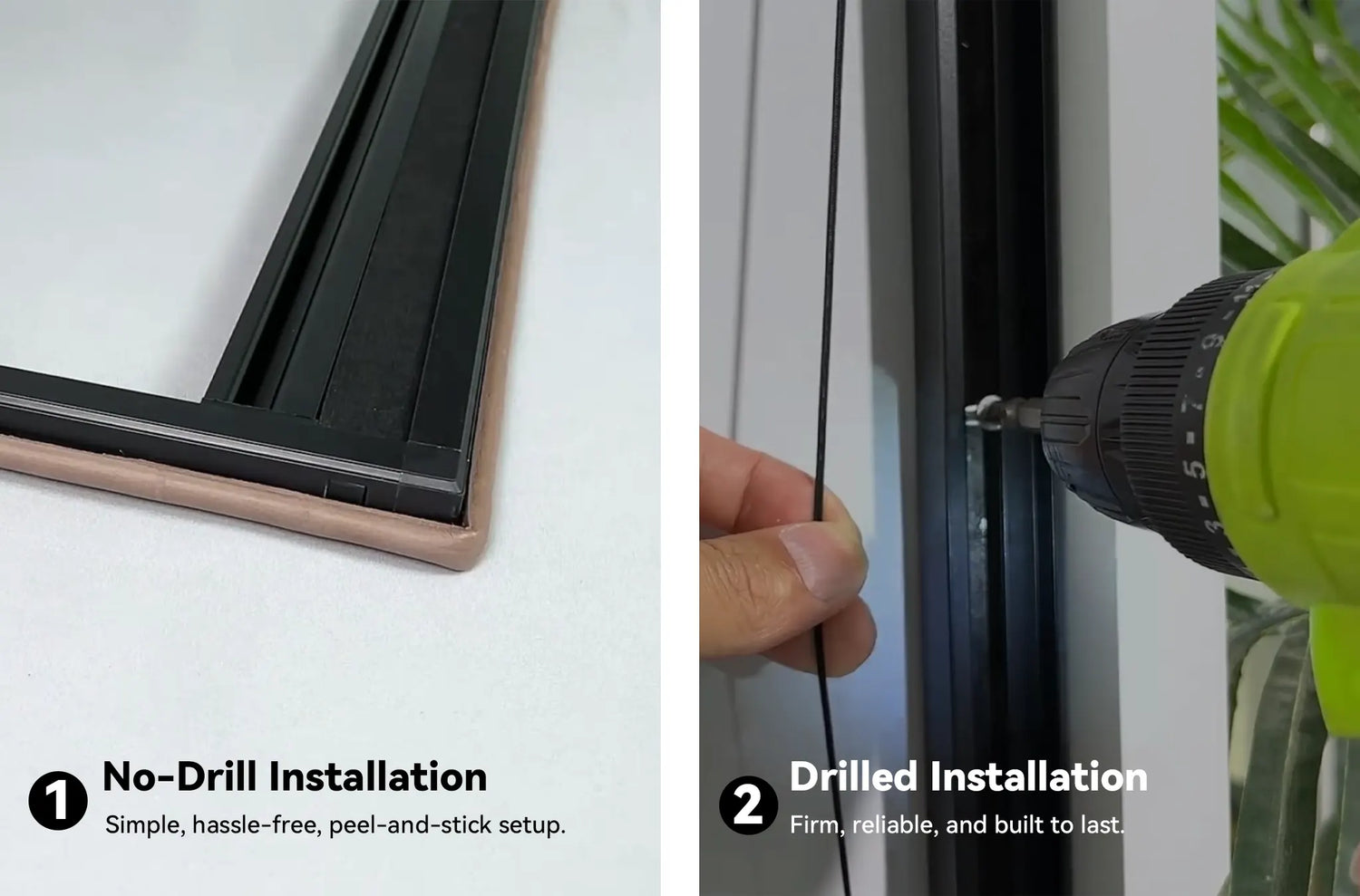 Comparison of no-drill adhesive and screw-in installation methods for Kurlax shades.