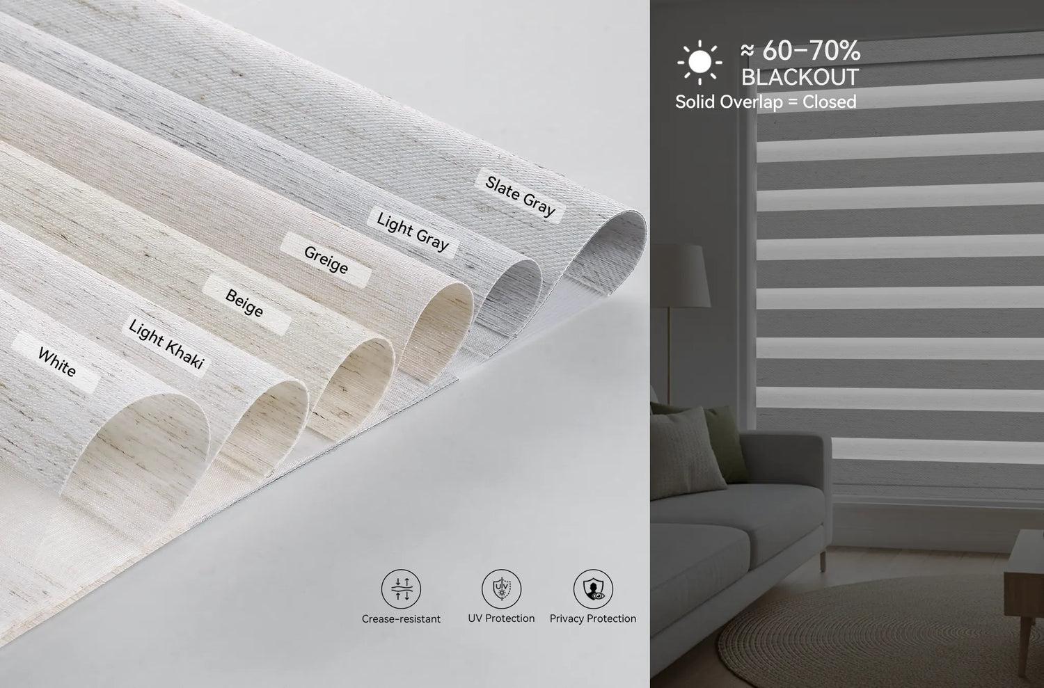 Close-up of linen zebra shade fabric and indoor light filtering effect