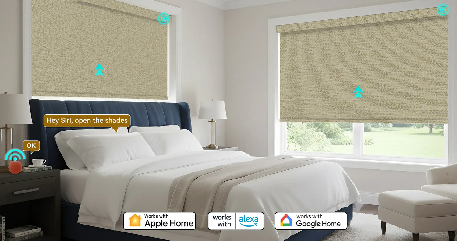 Kurlax motorized blackout roller shades installed in a modern living room, compatible with Apple HomeKit, Alexa, and Google Home.