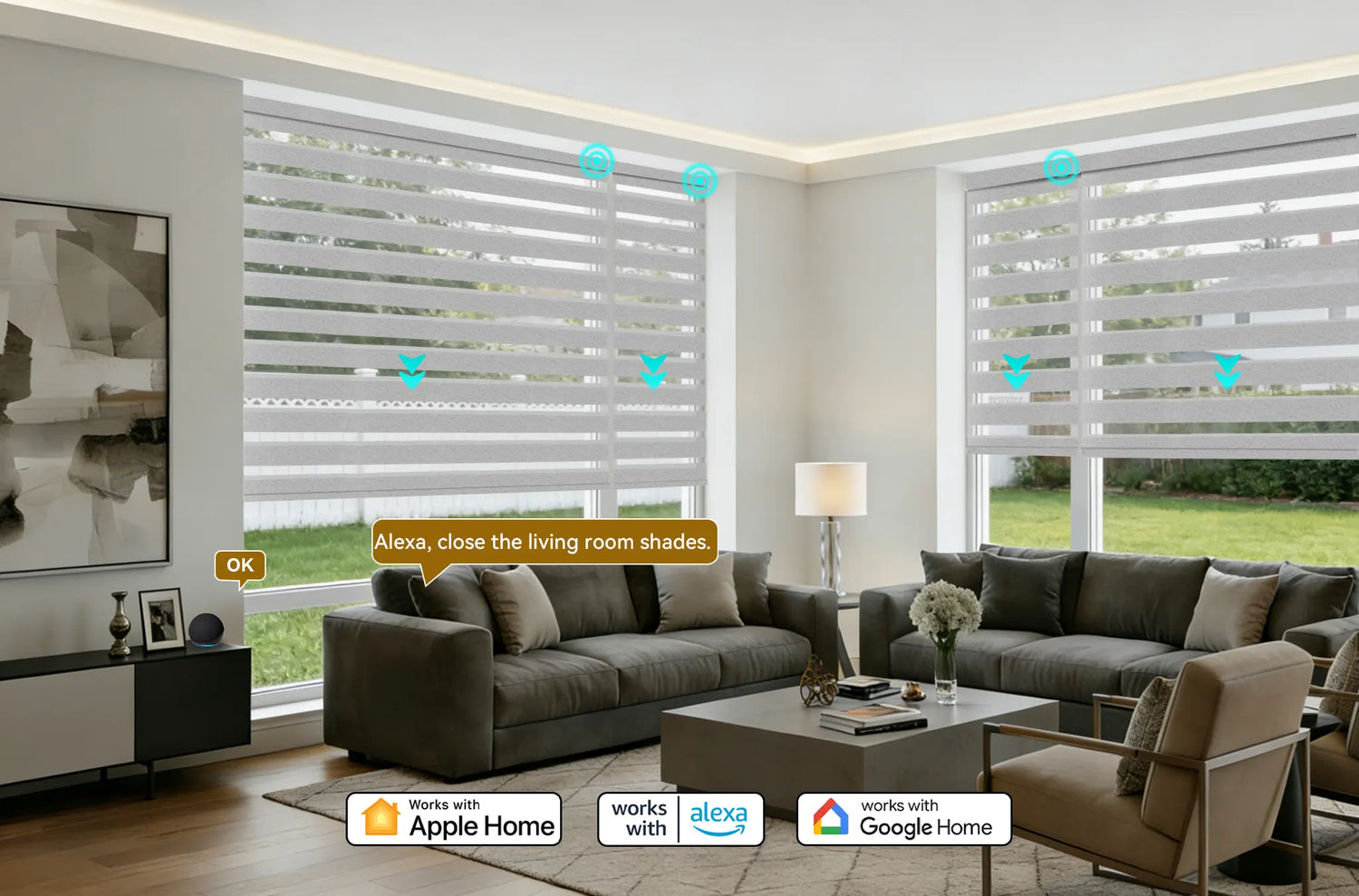Kurlax motorized room darkening zebra shades installed in a modern living room, compatible with Apple HomeKit, Alexa, and Google Assistant.