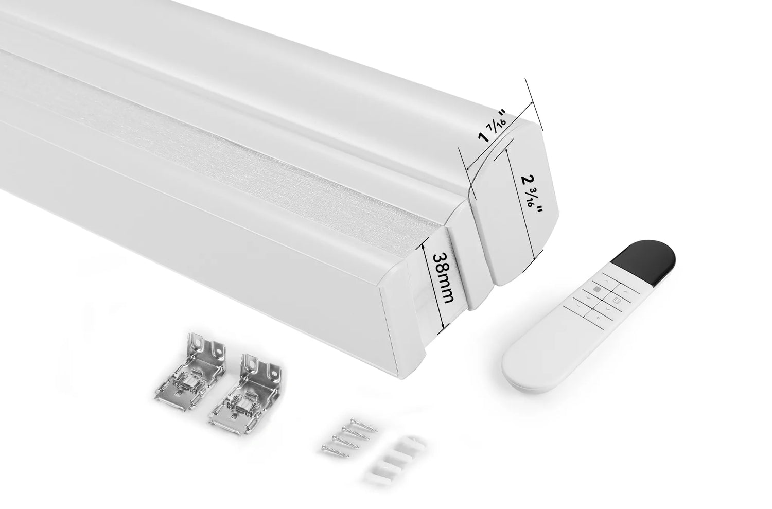 Flat lay image of all Kurlax product components: shades, remote control,  and mounting hardware.