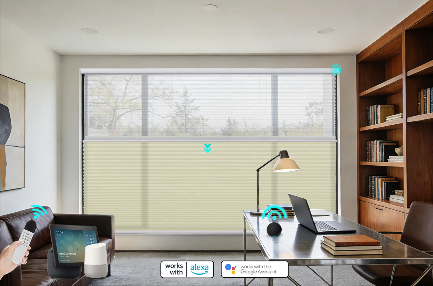Kurlax motorized shades installed in a modern study room, showing Amazon Echo and Google Nest devices nearby, illustrating smart home integration.