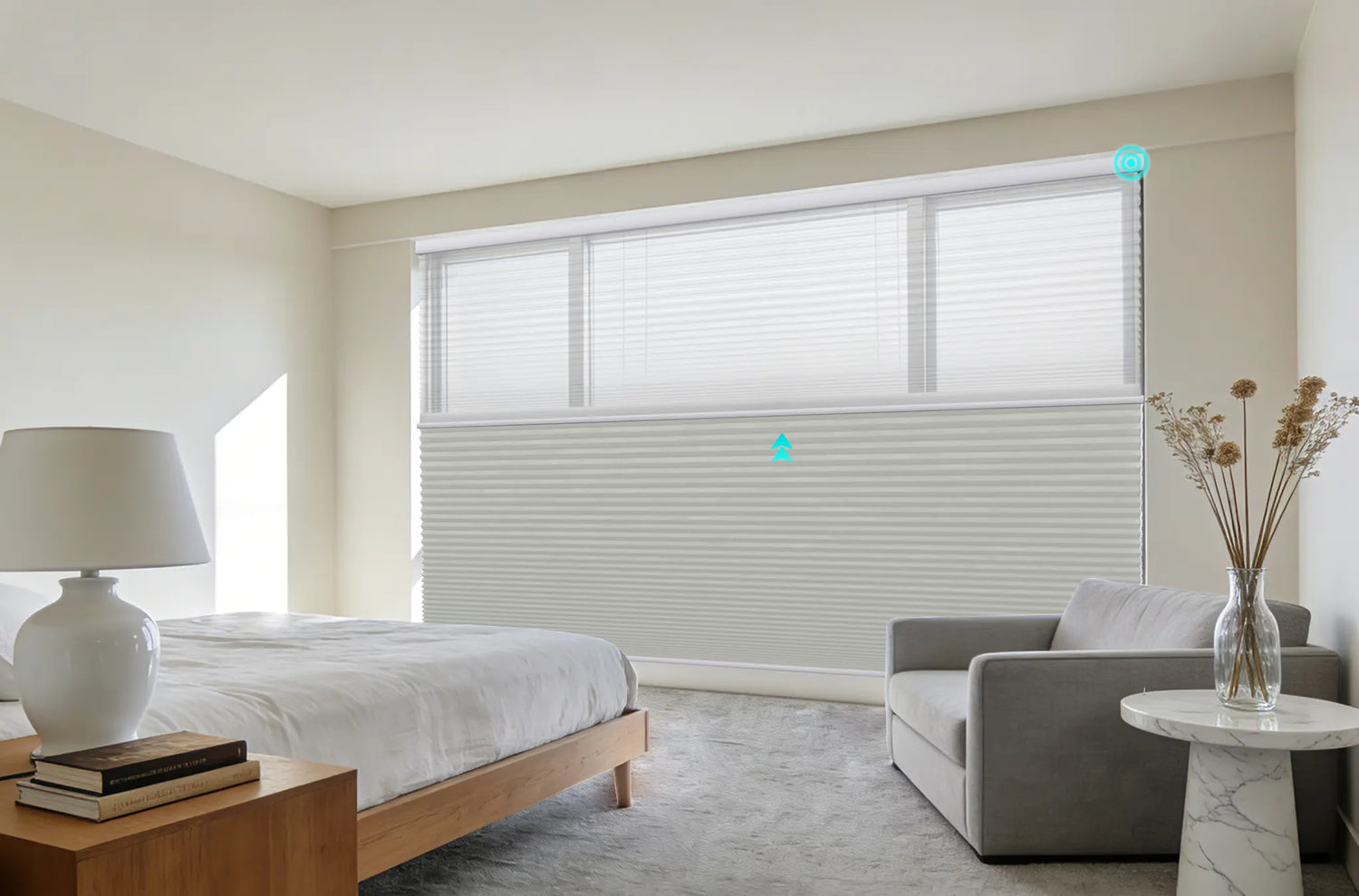 Kurlax motorized day and night cellular shades   installed in bedroom