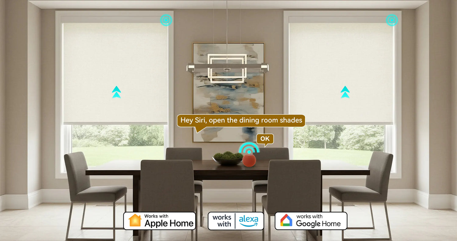 Custom motorized light filtering roller shades in a modern dining room integrated with Apple HomeKit and Alexa.