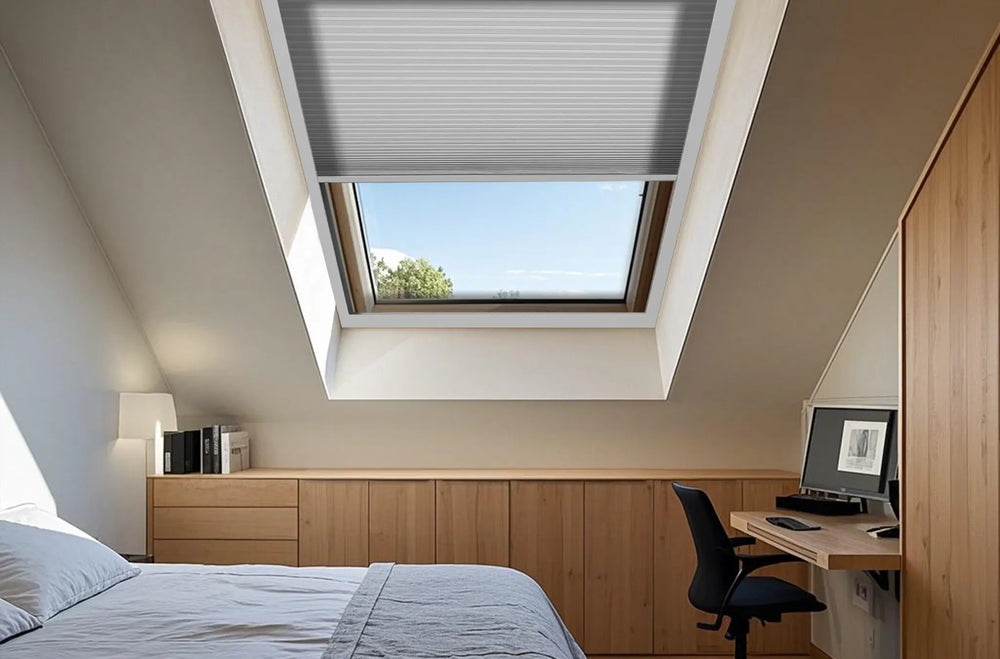 Motorized light filtering skylight shades half-open on an inclined bedroom skylight
