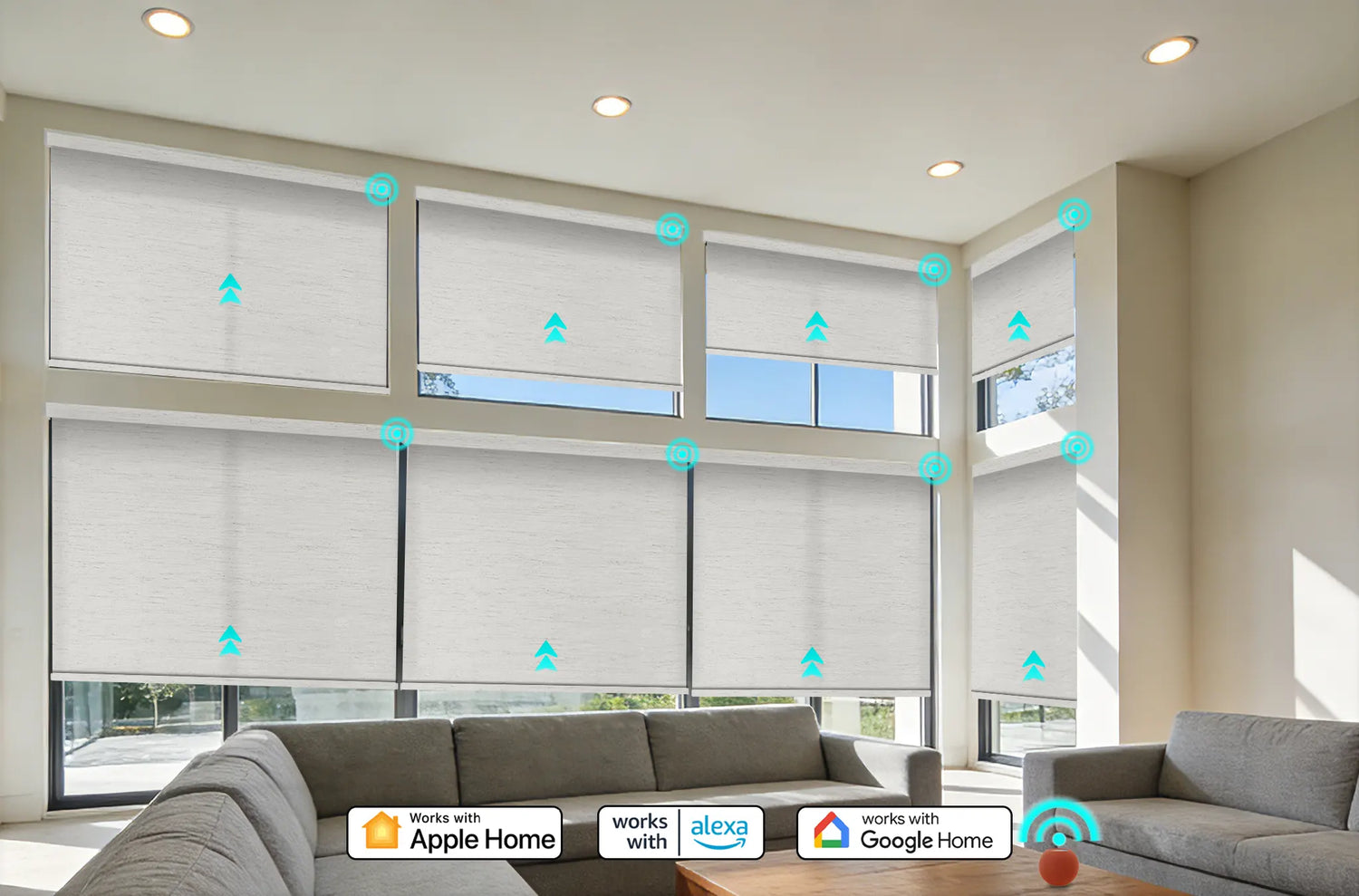 Kurlax motorized roller shades installed in a modern living room integrated with Apple HomeKit and Amazon Alexa