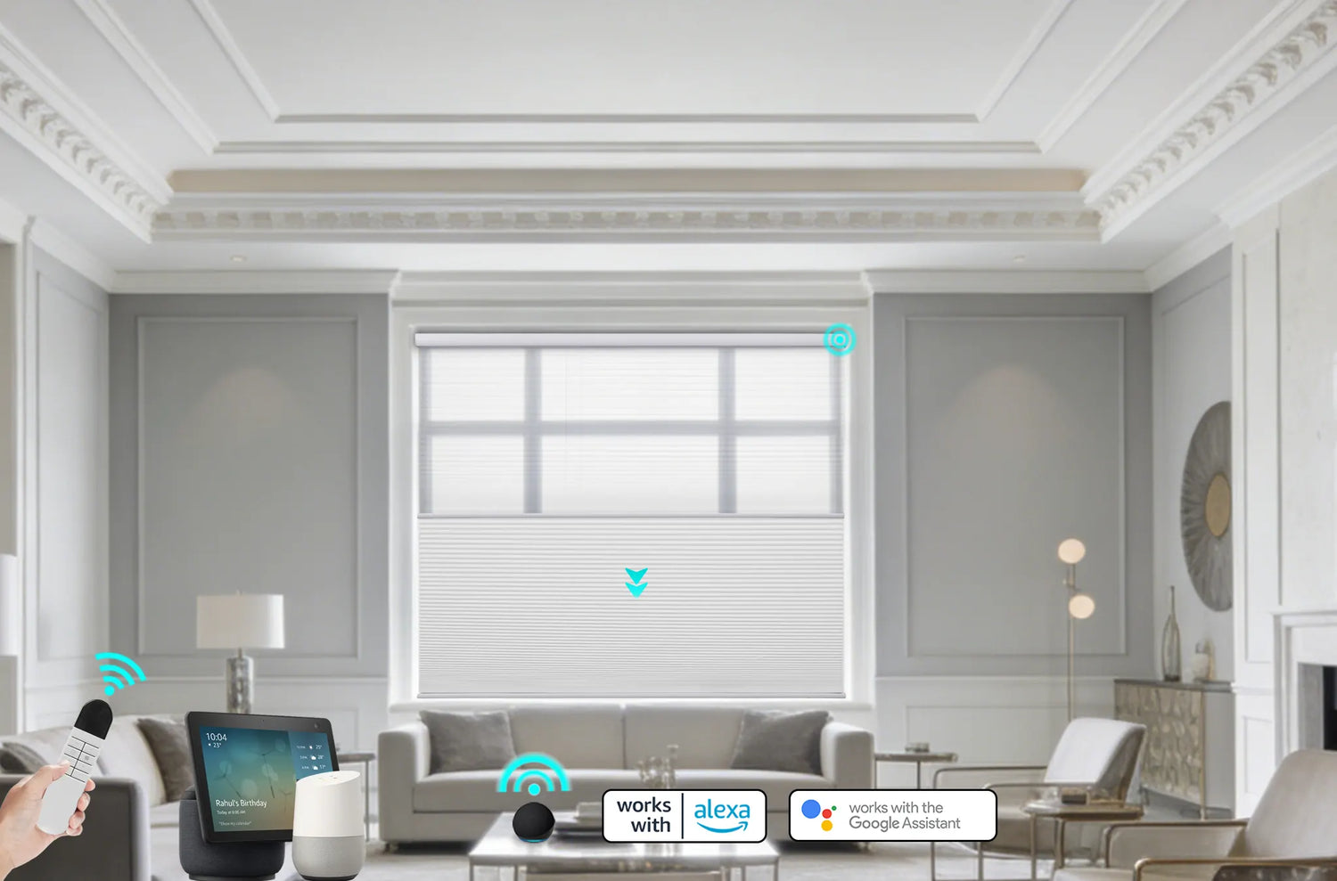 A living room image showing Kurlax motorized shades installed, with icons representing Amazon Alexa and Google Home integration.