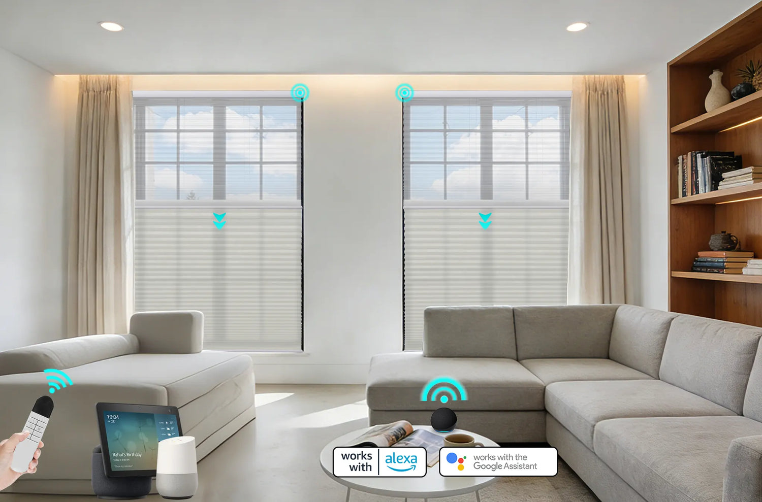 A modern living room with Kurlax motorized shades installed, showing icons for Amazon Alexa and Google Home integration.