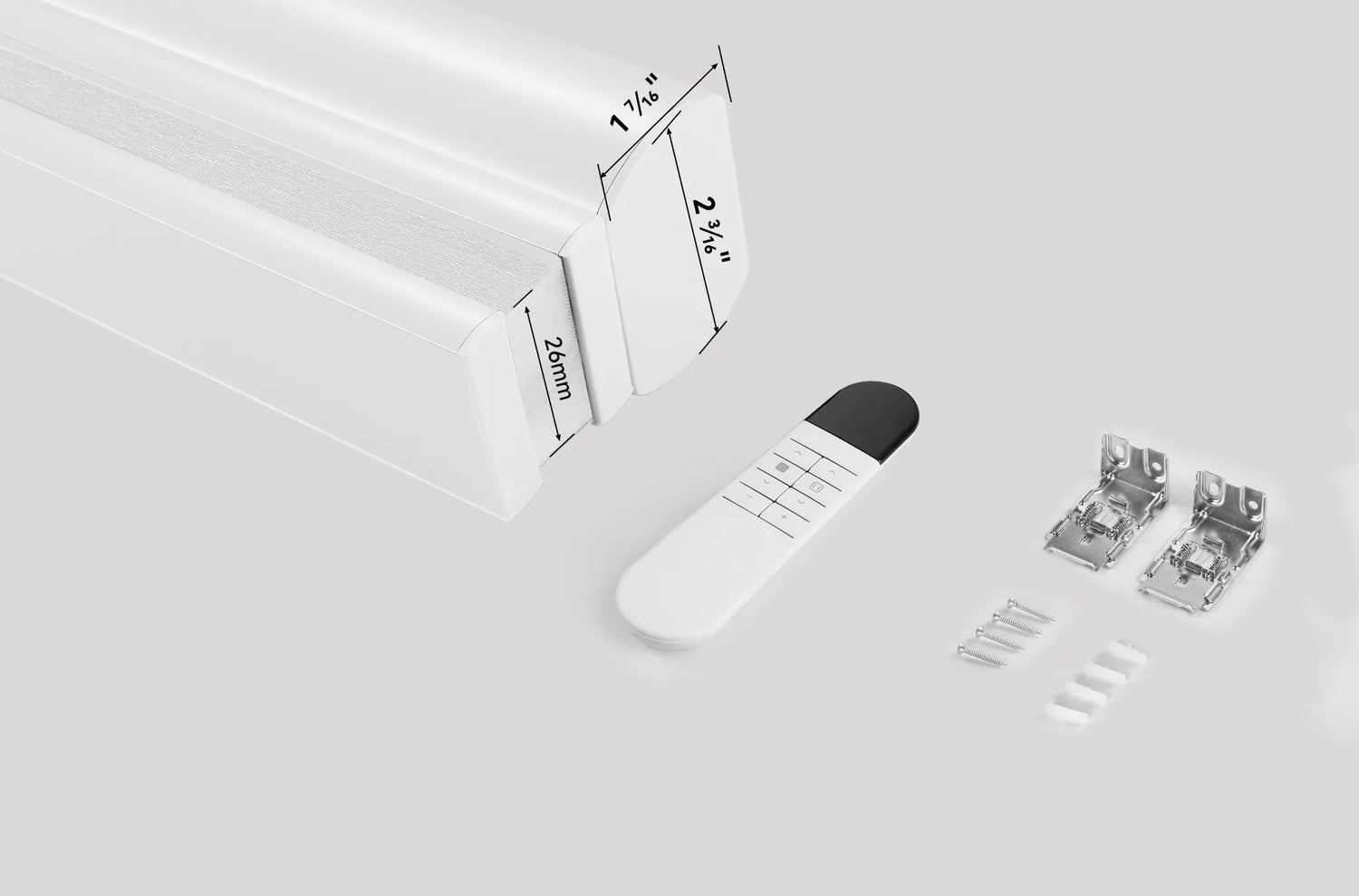 Photo of all items included in the Kurlax product package: shades, brackets, remote.