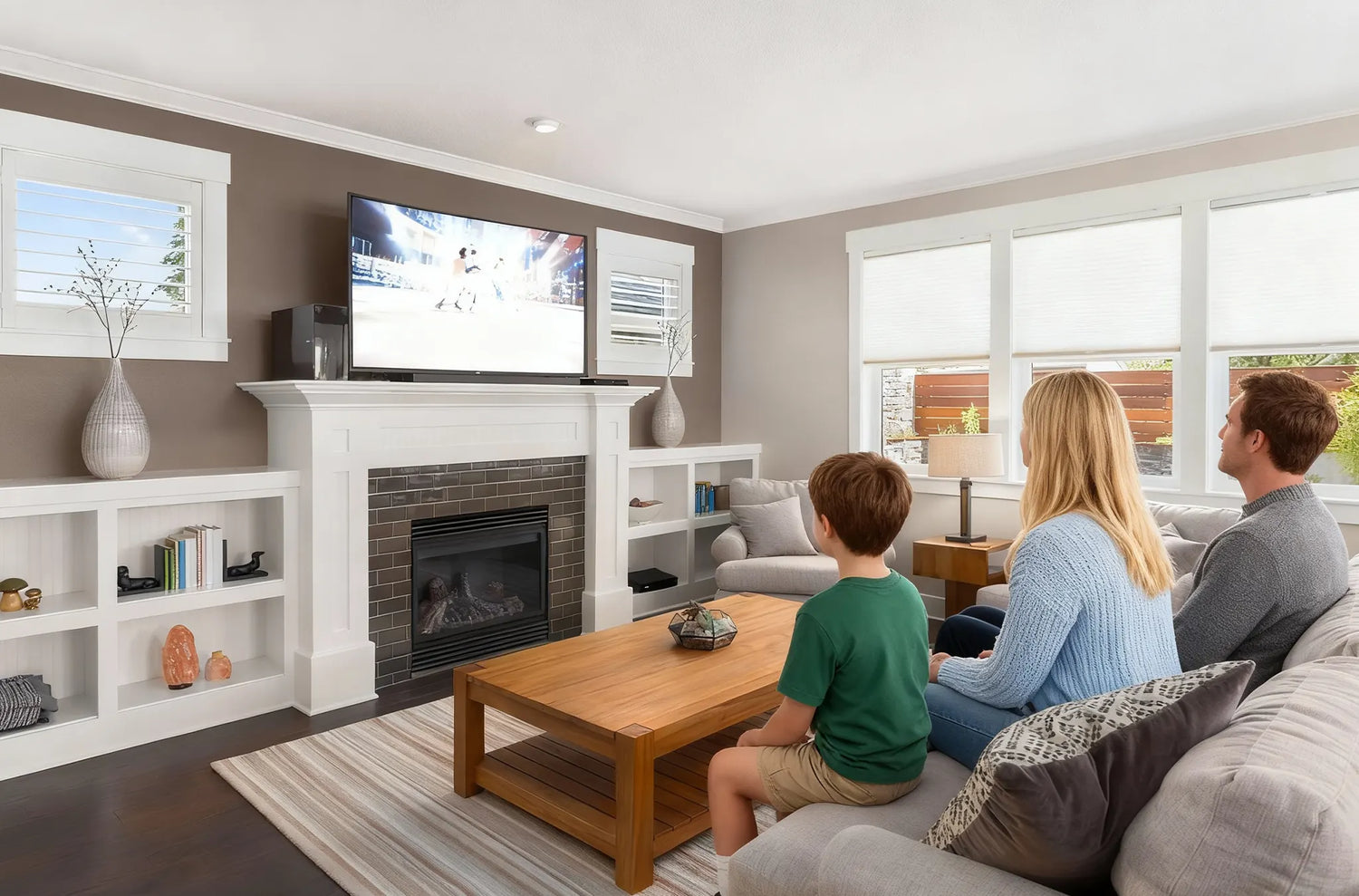 Modern living room with Kurlax motorized shades creating a cozy, comfortable atmosphere.