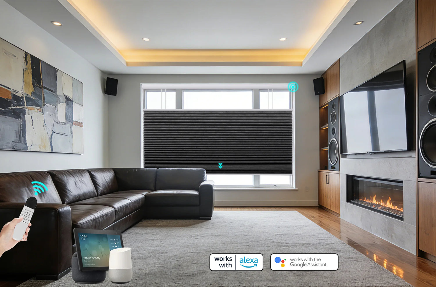 A modern living room with Kurlax motorized top down bottom up cellular shades installed, showing integration with Amazon Alexa and Google Home devices.