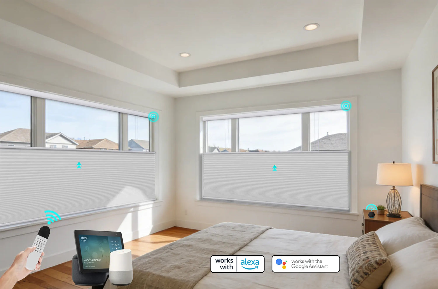 Installed Kurlax motorized blackout cellular shades working with Amazon Alexa and Google Assistant in a modern bedroom