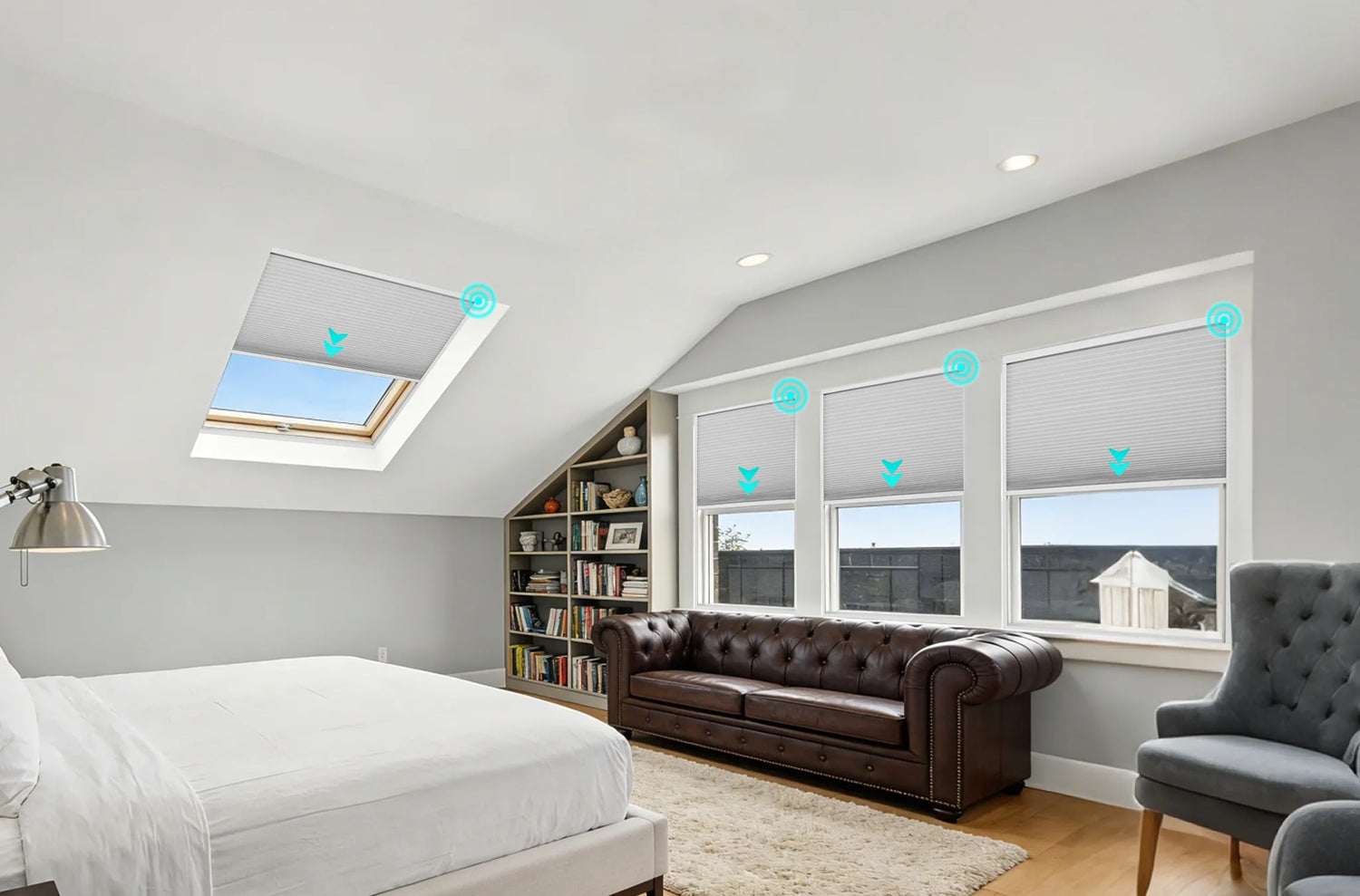Kurlax motorized skylight cellular shades installed in a bedroom