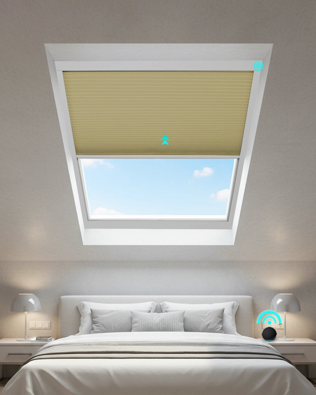 Modern bedroom featuring Kurlax motorized skylight shades for architectural light control.
