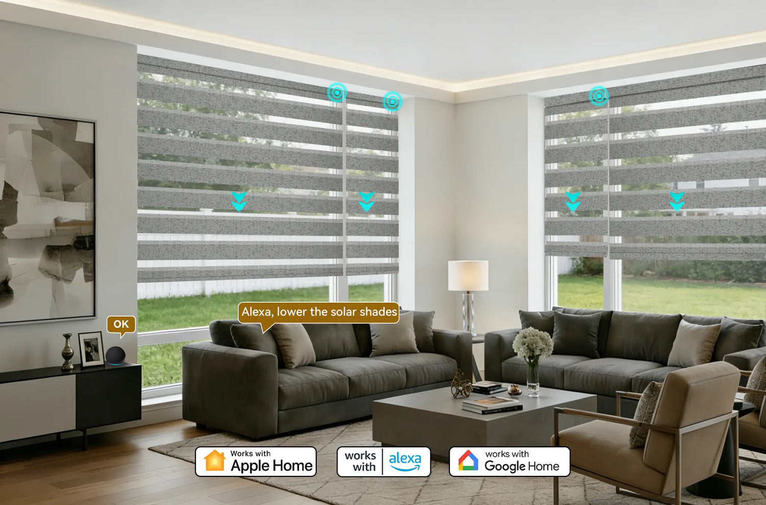 Kurlax motorized room darkening zebra shades installed in a modern living room, compatible with Apple HomeKit and Alexa.