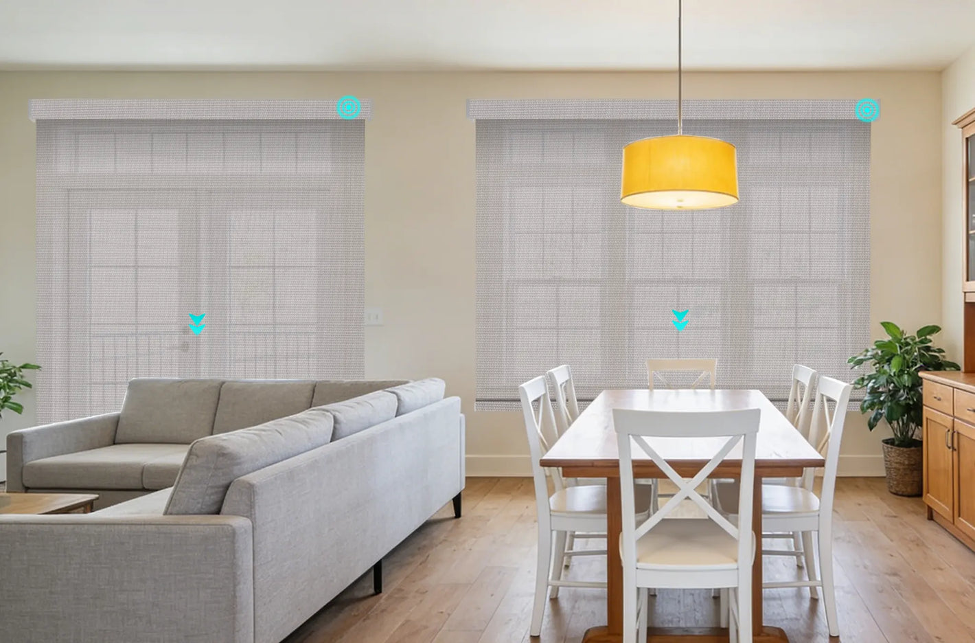 5 percent openness solar roller shades installed in modern dining room