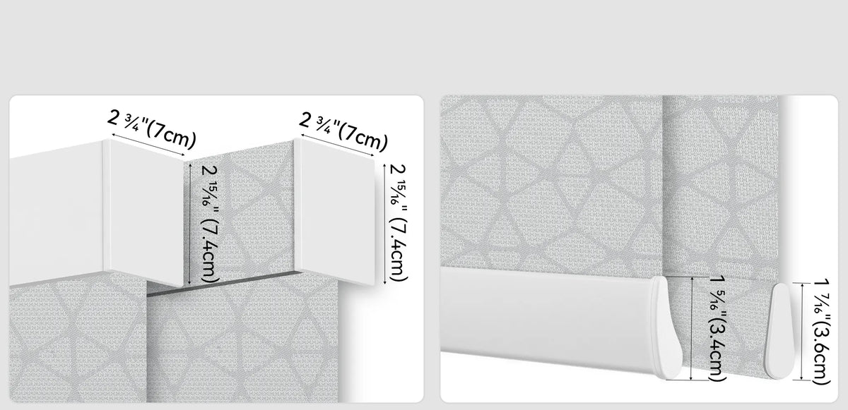 Kurlax Motorized Solar Roller Shades headrail and bottom rail dimension diagram, size specifications for the roller shade cassette and lower bar