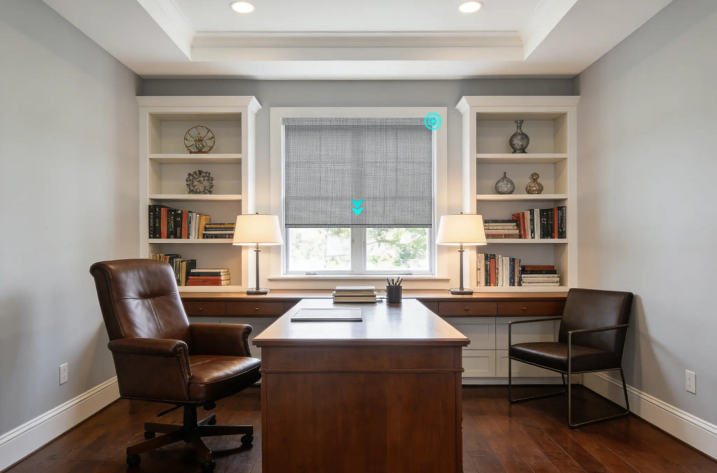 Smart motorized roller shades reducing glare in bright home office