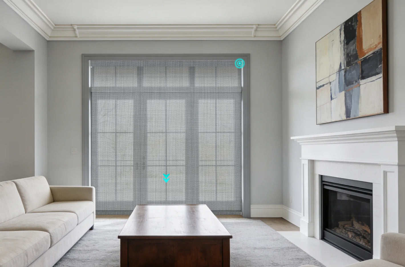 Custom motorized solar roller shades in contemporary living room interior