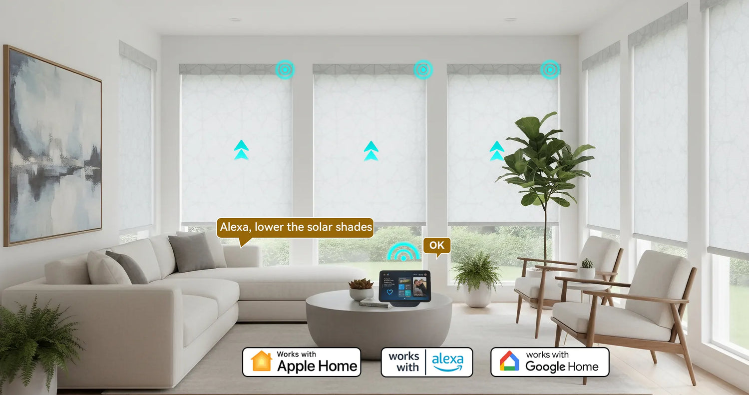 Motorized solar roller shades installed in a modern living room, showing compatibility with Apple HomeKit, Amazon Alexa, and Google Home smart platforms.