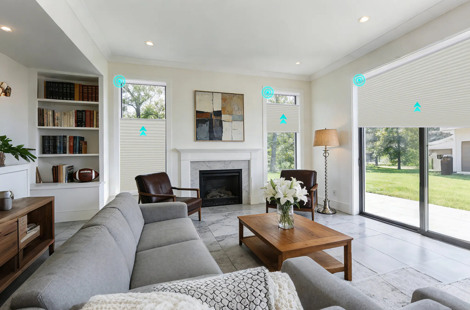 Kurlax motorized top-down bottom-up cellular shades light-filtering installed in living room