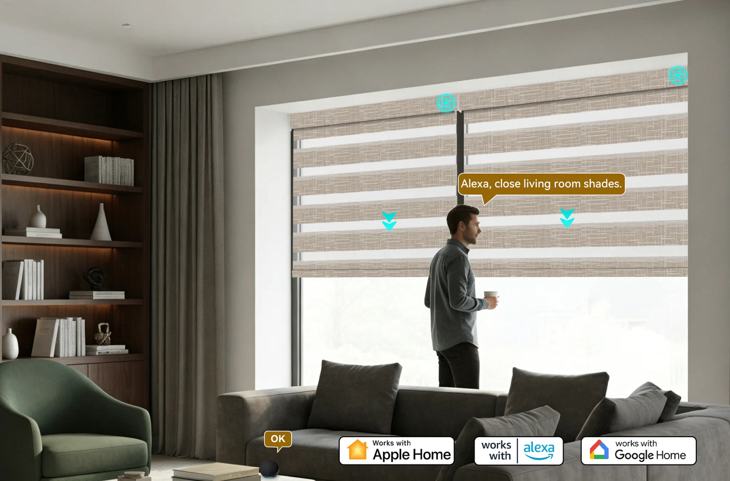 Custom Kurlax motorized zebra shades installed in a modern living room, compatible with Apple HomeKit, Amazon Alexa, and Google Home.