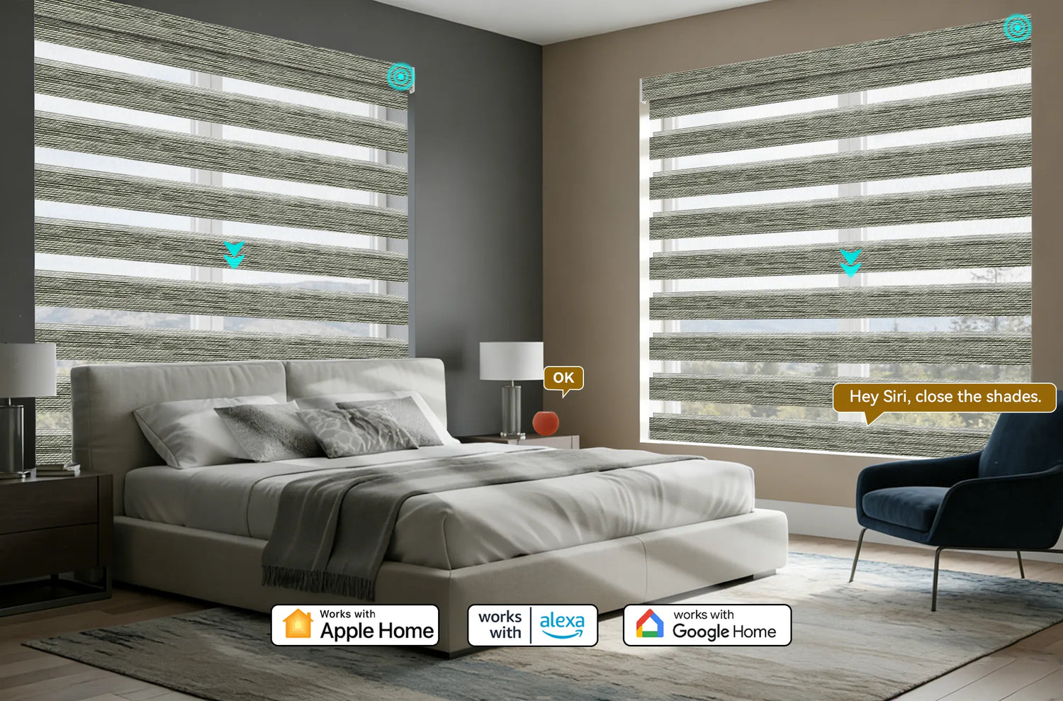 Custom Kurlax motorized light filtering zebra shades integrated with Apple HomeKit, Alexa, and Google Home in a modern living room.