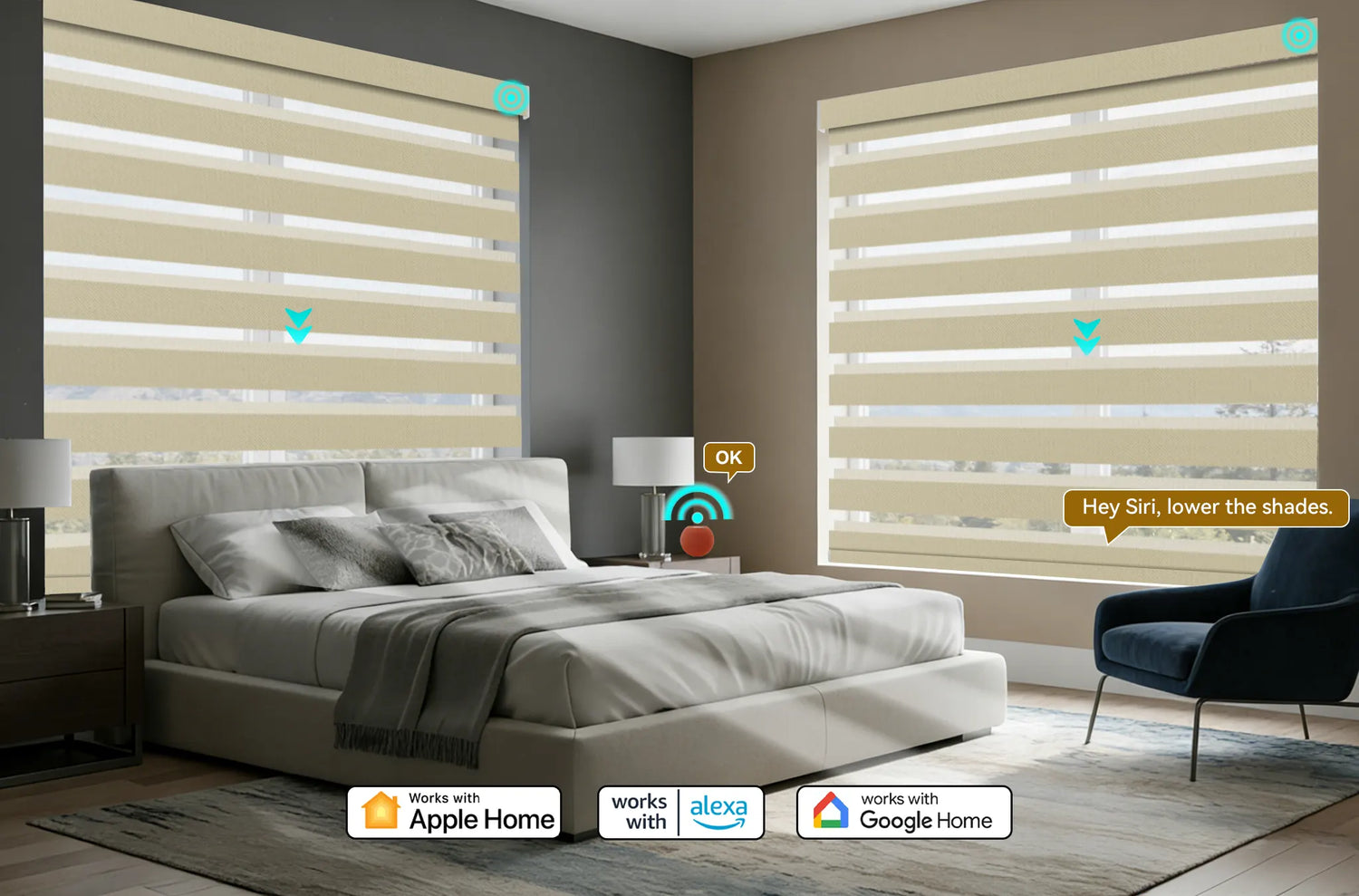 Kurlax custom motorized zebra shades installed in a modern living room, compatible with Alexa, Google Home, and Apple HomeKit.