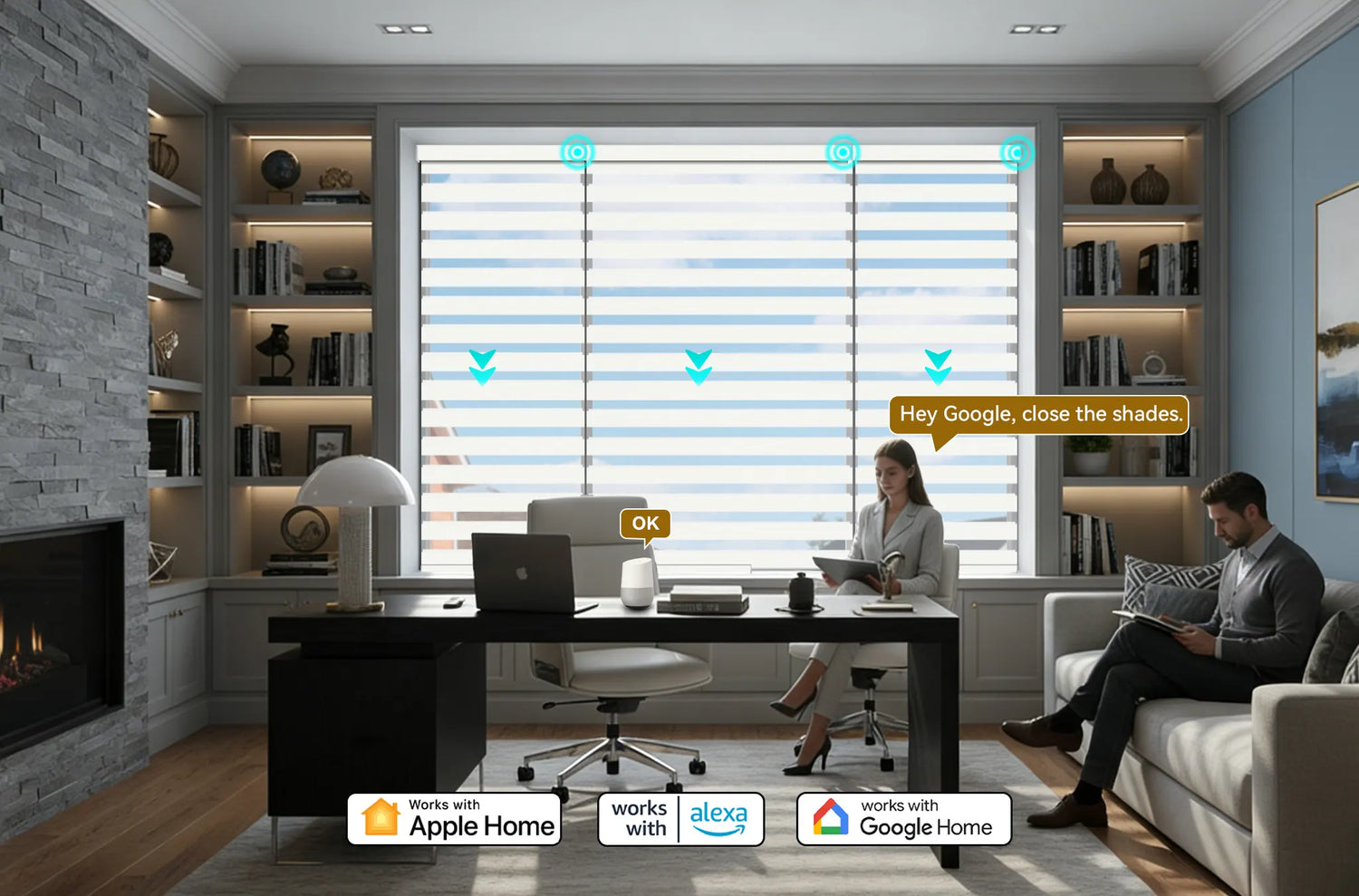 Custom Kurlax motorized zebra shades installed in a modern living room, compatible with Apple HomeKit, Alexa, and Google Home.