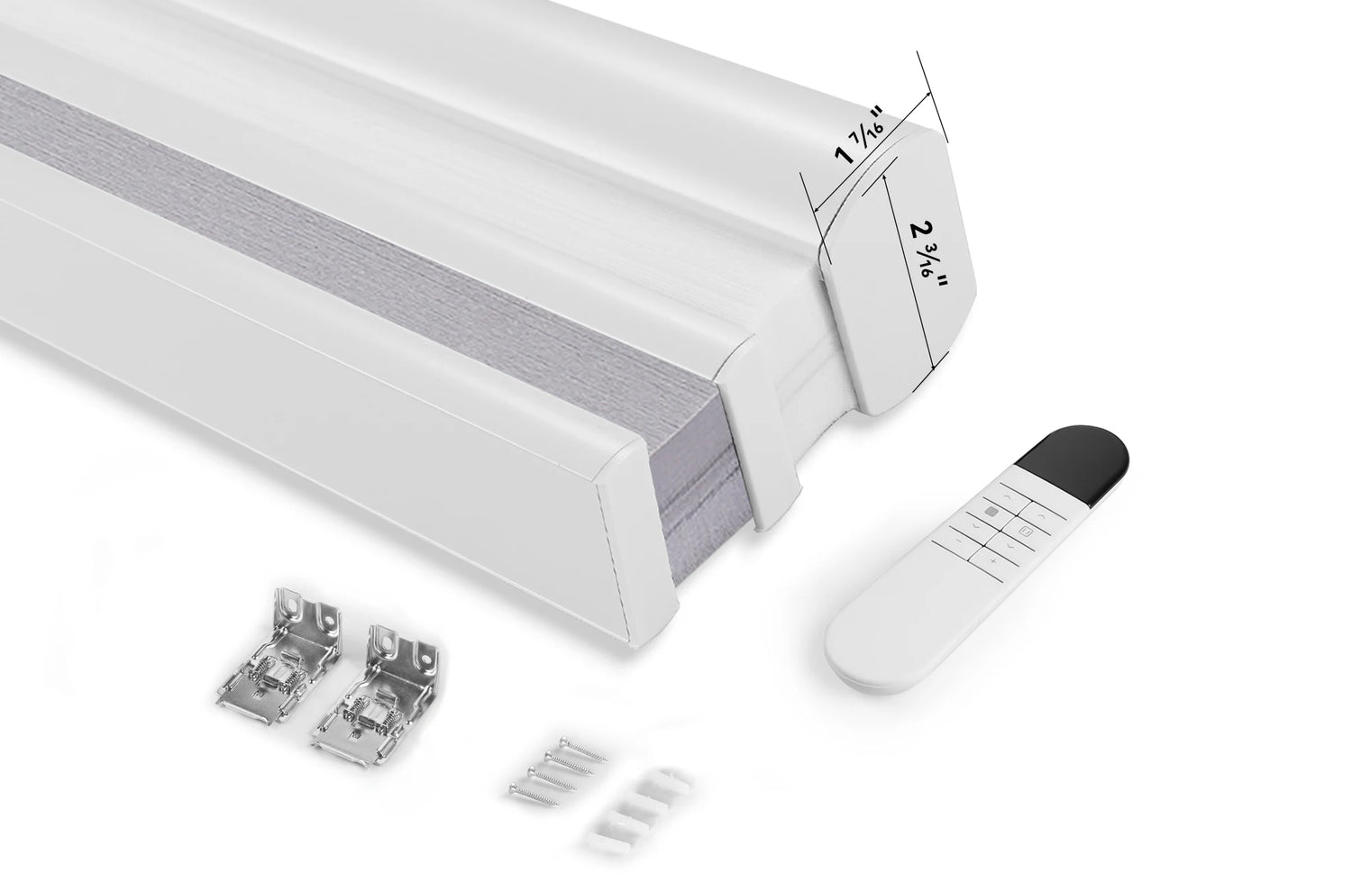 Complete product kit including Kurlax motorized shade, remote control, and installation components.