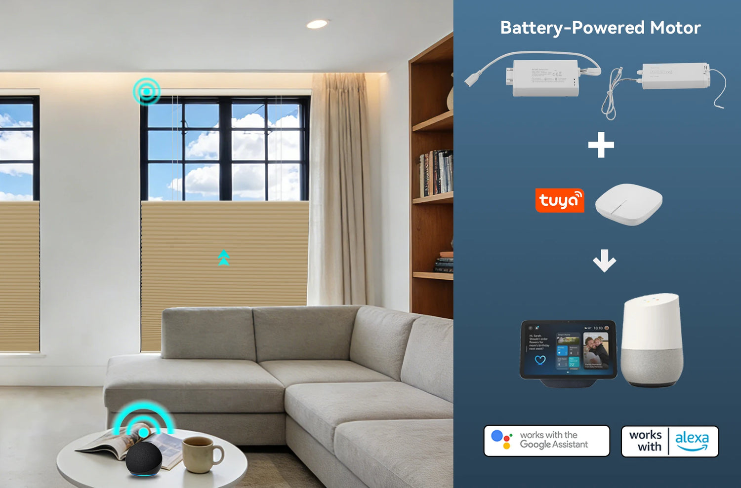 Iconography highlighting the smart motor features: <38dB noise level, 433 bi-directional protocol, Tuya App integration, Google/Alexa support.